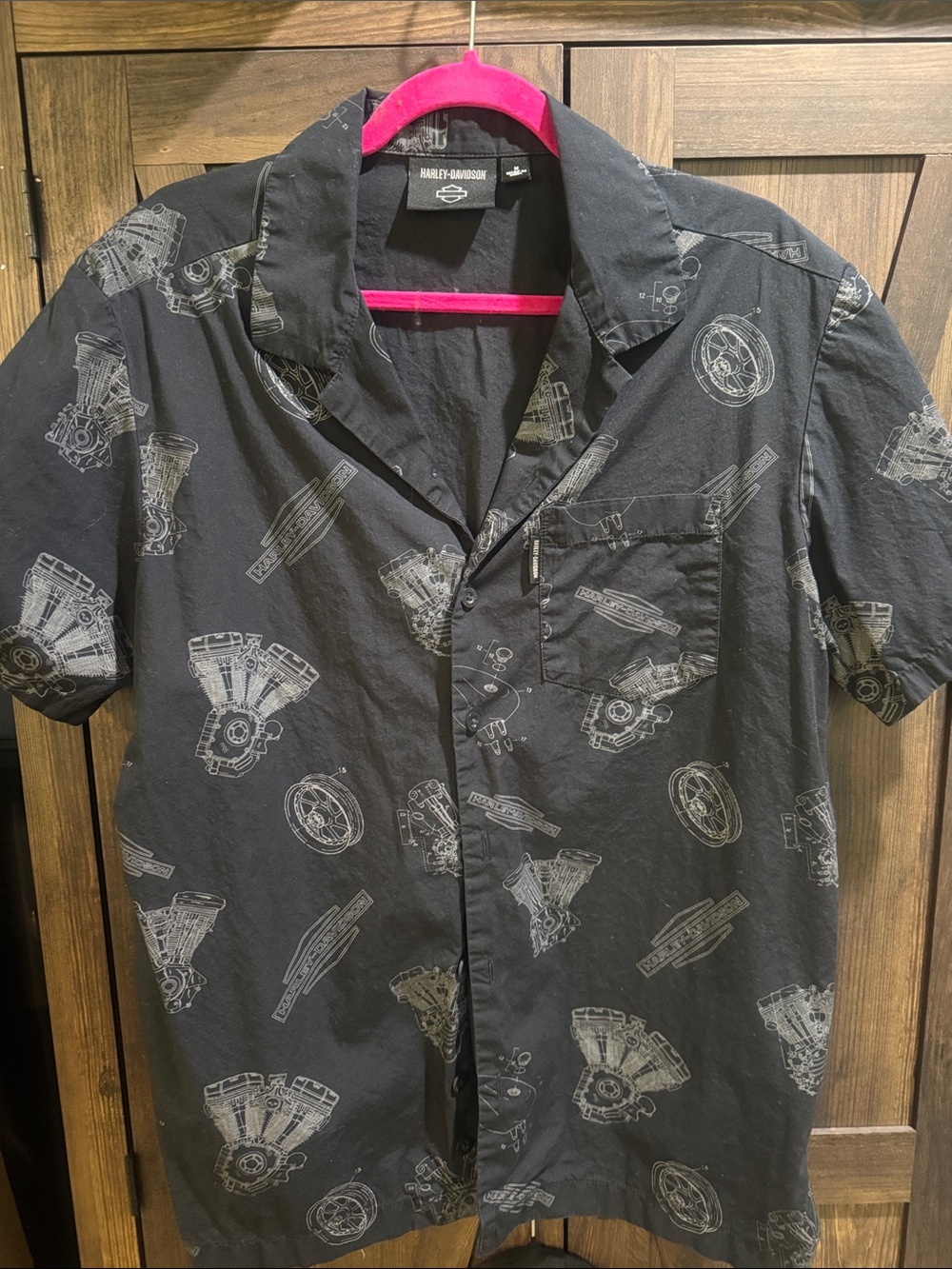 Harley-Davidson Black Short Sleeve Button-Up Shirt with Engine Print